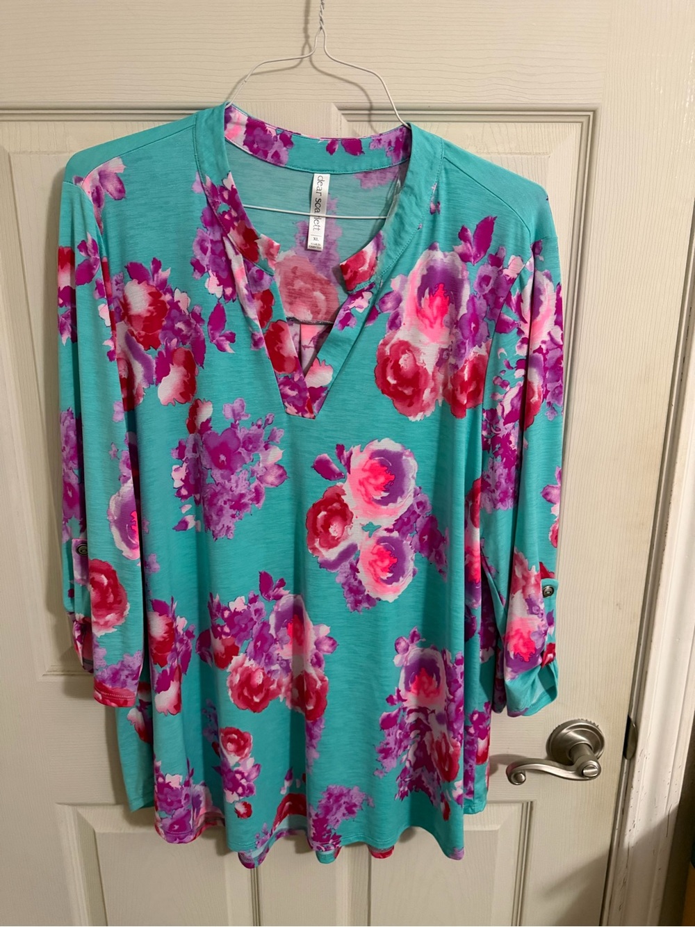 Dear Scarlett Women’s Teal Floral V-Neck Tunic Top - Pink & Purple Bloom